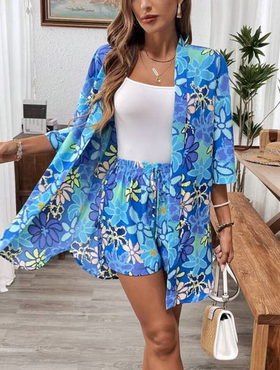 Camicia elegante a due pezzi con stampa floreale da vacanza